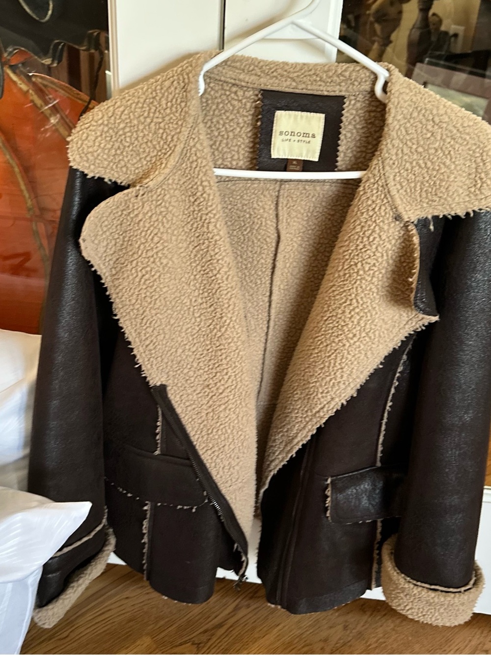 Sonoma Dark Brown Faux Shearling Jacket with Tan Lining